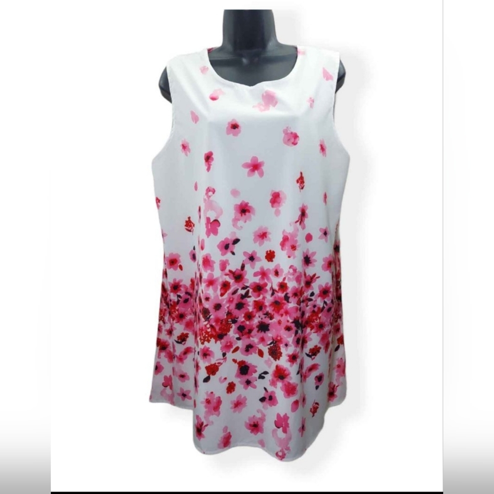 Sleeveless White Floral Shift Dress in Pink - Women